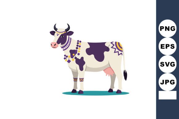 Cow with Decorative Purple and Yellow Pa Graphics for Modern Editorial Design